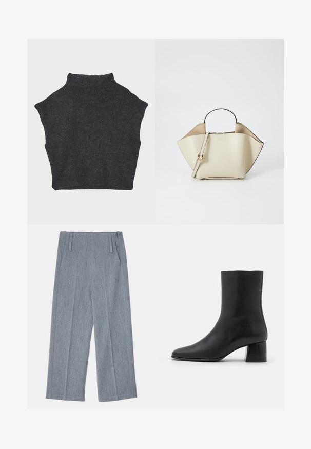 Dunkelgrauer, kurz geschnittener Pullover mit hohem Kragen, aus strukturiertem Strickmaterial gefertigt, mit kurzen Ärmeln und geradem Saum.; Hellgraue, weit geschnittene Hosen aus strukturiertem Stoff, mit zwei vorderen Falten und zwei Seitentaschen. Sauberes, maßgeschneidertes Design.; Schwarze Leder-Ankle-Boots mit spitzer Zehenpartie und einem klobigen, quadratischen Absatz. Glatte Textur mit nahtlosem Design und minimalistischem Nähen.; Ree Projects ANN - Handtasche - beige