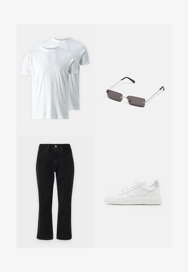 Bela bombažna majica s kratkimi rokavi, krožnim izrezom, gladko teksturo in brez vidnih vzorcev. Prodaja se v parih.; Črna in siva karirasta jakna s ovratnikom, sprednjimi gumbi in dvema žepoma na prsih. Narejena je iz teksturirane tkanine.; Črne kavbojke iz džinsa z ravnim krojem, petimi žepi in kovinskimi dodatki s bakrenimi akcenti. Gladka tekstura in srednji pas.; Bele usnjene športne copate z gladkim zaključkom, okroglo konico, ravnimi vezalkami in teksturiranim podplatom. Sivi semiš detajl na peti.; Očala za sonce s pravokotnimi, temno sivimi lečami, srebrnimi kovinskimi okvirji in črnimi plastičnimi konicami na ročajih. Lahka zasnova z nosnimi blazinicami.