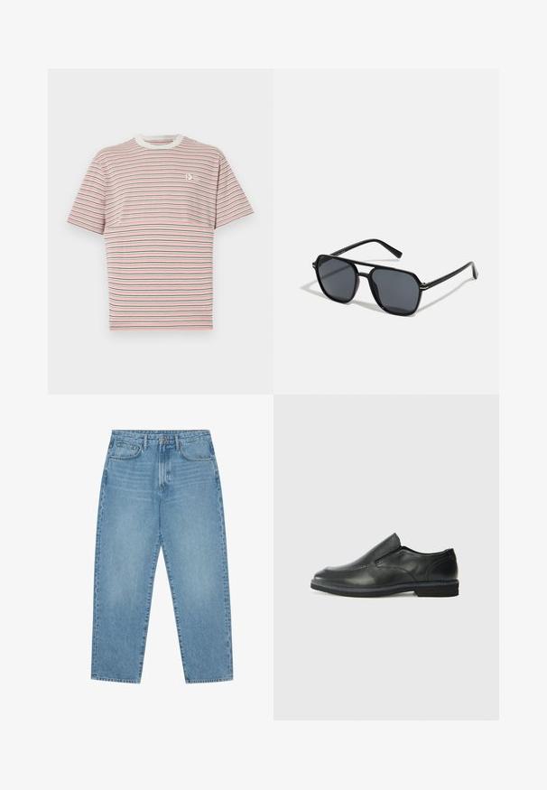 Pruhované tričko s horizontálnymi pruhmi v ružovej, námorníckej a bielej farbe. Hladký okrúhly výstrih a malé logo na hrudi. Materiál: bavlna.; Svetlo modré džíny s širokými nohavicami a vysokým pásom, s piatimi vreckami, pútkami na opasok a jemnou, mierne vyblednutou štruktúrou.; Čierny kožený nazúvací topánka s hladkým zvrškom, prešitými akcentmi, zaoblenou špičkou a nízkym gumovým podpätkom. Podošva má minimálny dezén.; Čierne slnečné okuliare s osemuholníkovým rámom, tmavými sklami, lesklým povrchom, tenkými rámčekmi a zlatými akcentmi na prednej strane.