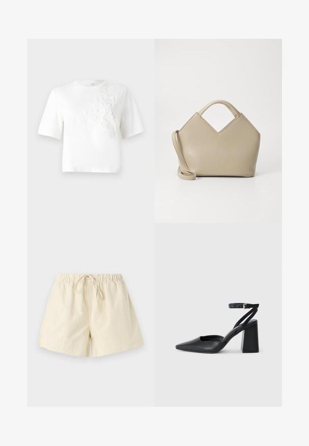White cotton t-shirt with short sleeves, featuring textured floral embroidery on the left side. Crew neckline, relaxed fit.; Beige elastic waistband shorts with a drawstring tie, featuring a relaxed fit and smooth texture. No visible pockets or patterns.; Black leather pointy-toe pump with an ankle strap and a chunky heel. Flat texture, sleek design, and minimalistic aesthetics.; Beige structured handbag with a V-shaped top, smooth leather material, short handles, and a long adjustable strap. Minimalist design.