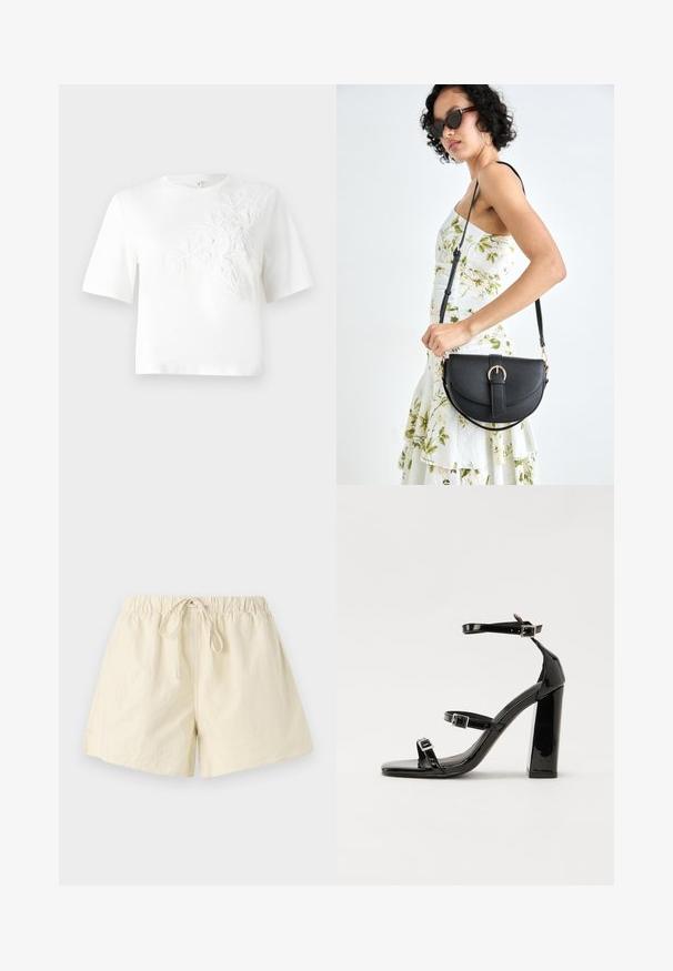 White cotton t-shirt with short sleeves, featuring textured floral embroidery on the left side. Crew neckline, relaxed fit.; Beige elastic waistband shorts with a drawstring tie, featuring a relaxed fit and smooth texture. No visible pockets or patterns.; Black patent heeled sandals with a square toe, ankle straps, and silver buckles. Features a chunky block heel for stability.; Black leather handbag with a curved shape, detachable strap, and gold hardware. The bag features a flap with a buckle detail.