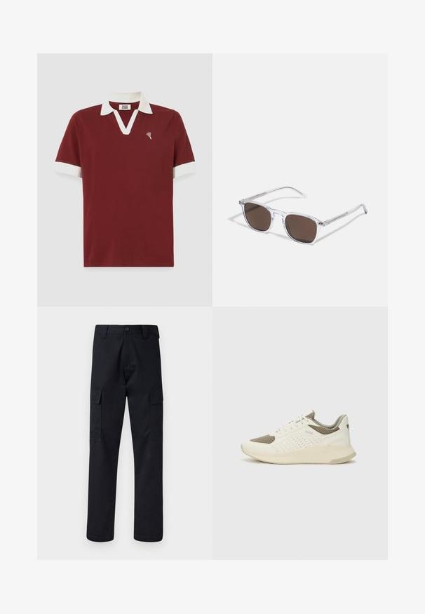 Burgundia värvi polo särk valge krae ja varrukate ääristusega. Omab V-kaelust ja väikest südamelogo rinnal. Valmistatud pehmest kangast.; Mustad mustad püksid, mis on valmistatud tugevast materjalist, sirge lõikega, kaht küljetaskut ja nööbiga sulgemist vöökoha juures.; Valge ja heledat beeži värvi spordijalats, millel on õhuke võrkmaterjal, perforatsioonidega detailid ning tekstuuriga vahetald, millel on brändi logo kannaosas.; Selged plastist prillid ristkülikukujuliste pruunide läätsedega, millel on õhukesed, läbipaistvad varsud ja metallaktsendid templites.
