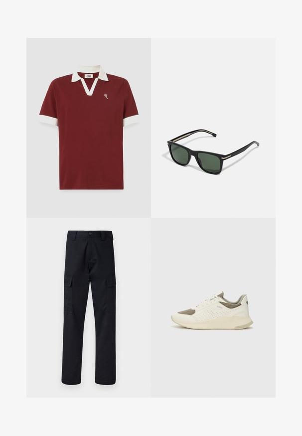 Burgundská polokošile s bílým límcem a manžetami. Má V-výstřih a malé srdíčko na hrudi. Vyrobena z měkké tkaniny.; Černé cargo kalhoty vyrobené z odolné tkaniny, s rovnými nohavicemi, dvěma bočními kapsami a zapínáním na knoflík v pase.; Bílé a světle béžové atletické tenisky, které mají síťovaný svršek, perforované detaily a texturovanou mezipodešev s logem na patě.; BOSS Sluneční brýle - black