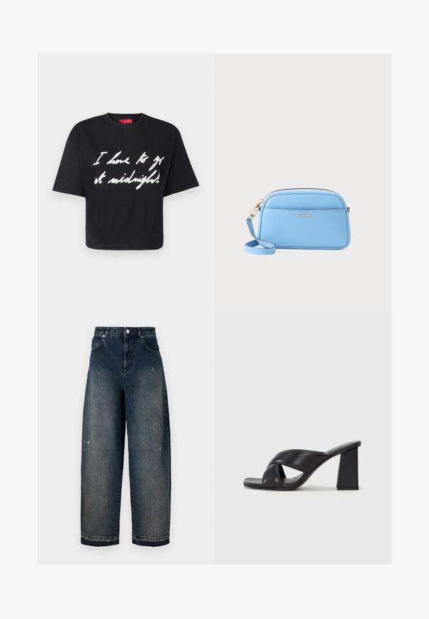 MAX&Co. BOXYCLAIM - T-shirts med print - black; Mørk denim vide bukser med høj talje, fem lommer, synlige sømme og let slid på forsiden. Klassisk knap- og lynlåslukning.; MAX&Co. SOHO - Sandaler med høye hæler - schwarz; Lys blå skinn crossover-veske med gulltonet detaljer, glidelås lukking og en frontlomme. Har justerbar stropp for ekstra bekvemmelighet.