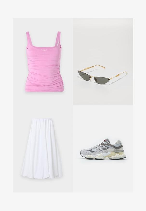 Rožinė be rankovių palaidinė su prigludusia siluetu, turinti susiraukšlėjusią tekstūrą šonuose ir kvadratinį iškirpimą. Minkšta medžiaga ir elastingas audinys.; Balta kulkšnies ilgio sijonas su elastinga juosta, pagamintas iš lengvos medžiagos, turinčios lygią tekstūrą ir lengvai krentančią siluetą.; Pilkas zomšinis ir tinklinis sportbačius su storu baltu ir smėlio spalvos padu, featuring ryškų baltą logotipą ir raudonus akcentus.; Auksiniu rėmu aptrauktos saulės akinių su tamsiai pilkais lęšiais. Unikali katės akies forma. Šventyklos puošia pakaitiniai auksiniai karoliukai ir perlų akcentai.