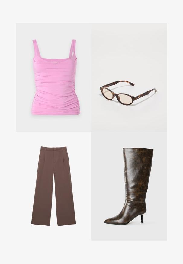 Top senza maniche di colore rosa con silhouette aderente, caratterizzato da una texture arricciata lungo i lati e un scollo quadrato. Tessuto morbido e materiale elasticizzato.; Pantaloni a gamba larga in tessuto marrone uniforme, con una trama liscia, pieghe frontali e una vita su misura. Senza loghi o motivi visibili.; Stivale ginocchiero in pelle marrone invecchiata con punta affusolata e sottile tacco a stiletto su sfondo bianco.; Occhiali da sole tartarugati con forma arrotondata e lenti chiare. Presentano aste robuste con piccoli dettagli dorati, realizzati in materiale plastico.