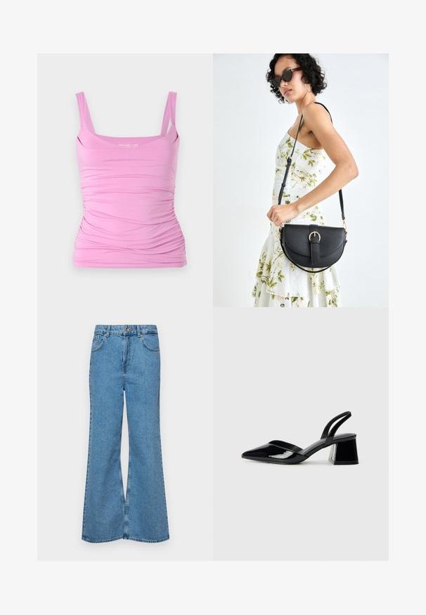 Pink sleeveless top with a fitted silhouette, featuring gathered texture along the sides and a square neckline. Soft fabric and stretch material.; Light blue flared jeans made of denim, featuring a high waist, five pockets, and a single button closure. Soft texture with faded finish.; Black patent leather slingback heels with a pointed toe and a geometric block heel. Features a sleek, minimal design and smooth texture.; Black leather handbag with a curved shape, detachable strap, and gold hardware. The bag features a flap with a buckle detail.