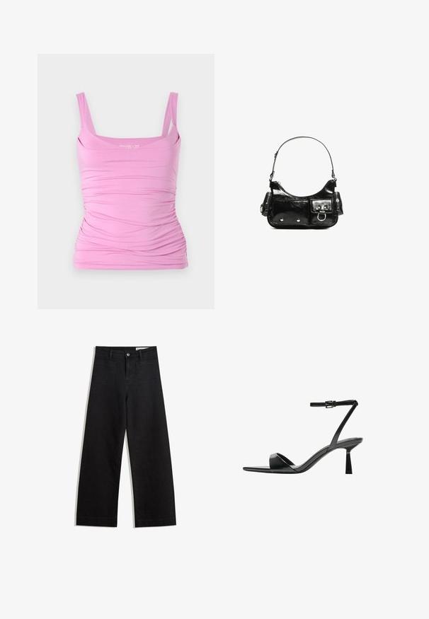 Rosa ärmelloses Top mit schmaler Silhouette, verziert mit geraffter Textur an den Seiten und einem quadratischen Ausschnitt. Weicher Stoff und elastisches Material.; Schwarze weit geschnittene Jeans mit hoher Taille, ausgestattet mit Vorder- und Hintertaschen, gesteppten Nähten und einem Knopfverschluss. Glatte Textur.; Bershka High Heel Sandalette - black; Schwarze Lackleder-Handtasche mit geschwungenem Design, einem Schulterriemen, Vordertaschen und silberfarbenen Hardware-Akzenten.