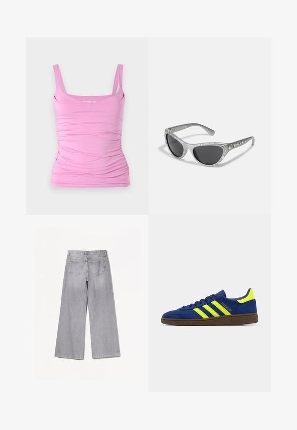 Roza brezrokavna majica s prilegajočo silhueto, ki ima nabran videz ob straneh in kvadratni izrez. Mehka tkanina in elastičen material.; Bershka WIDE-LEG - Široke hlačnice - grey; Modre semiš superge z rumenimi detajli in tremi črtami; imajo rjav gumijast podplat in vezeno blagovno znamko ob strani.; Srebrne mačkaste sončne očala s temnimi lečami, okrašena s prozornimi kamenčki ob okvirju. Mat končnica z ukrivljenim dizajnom tempelj.