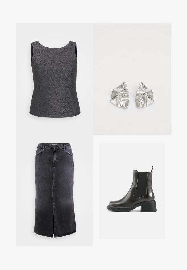 Sleeveless top in dark gray with a metallic shimmer, featuring a round neckline and a fitted shape, made from a textured fabric.; ONLY Carmakoma CARCILLA LONG SLIT SKIRT - Maxi skirt - washed black; Black leather ankle boots with a smooth finish, elastic side panels, and a chunky heel. Features a pull tab for easier wear.; Silver metal earrings with a wavy, sculptural design featuring a polished finish and irregular shapes, highlighting a contemporary aesthetic.