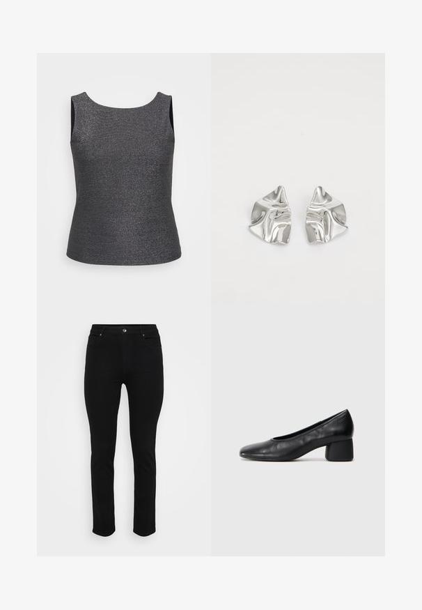 Melna pelēka bez piedurknēm blūze ar metalizētu mirdzumu, noapaļota dekoltē un pieguļošas formas, izgatavota no fakturētas auduma.; Melnas džinsus ar šauru piegriezumu, piecu kabatu dizainu, priekšējo pogu aizdari un vieglu stiepšanos komfortam. Gluda, izlīdzināta tekstūra ar minimālu dekoru.; Melna ādas kurpe ar noapaļotu purngalu un vidēja izmēra blokkāju. Gluda tekstūra ar minimāliem dekoriem, ar delikātu elastīgu atveri.; Sudraba metāla auskari ar viļņainu, skulpturālu dizainu, kas izceļas ar pulētu apdari un neregulārām formām, uzsverot mūsdienīgu estētiku.