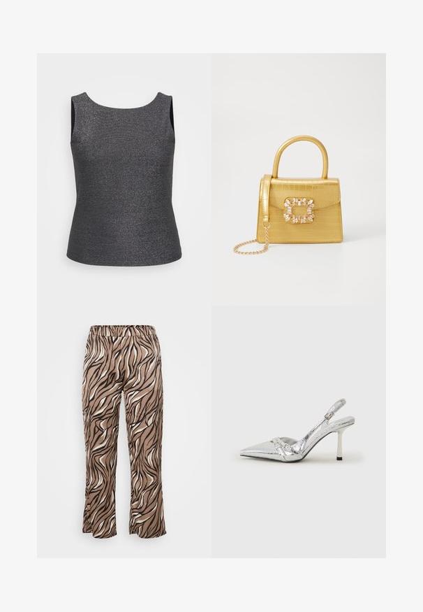 Ujjatlan felső sötétszürke színben, fémes csillogással, kerek nyakkivágással és testhez simuló fazonnal, texturált anyagból készült.; Barna és krémszínű zebra-mintás nadrág, rugalmas derékkal, széles lábbetétekkel és sima szövettextúrával.; Ezüst slingback magas sarkú cipő hegyes orral, fémszerű felülettel, két dekoratív pánttal és vékony sarkú, fekete végű dizájnnal.; Sárga műbőr krokodil mintás kézitáska strukturált kialakítással, felső fogantyúval, leválasztható lánccal és díszes kristály díszítéssel a záron.