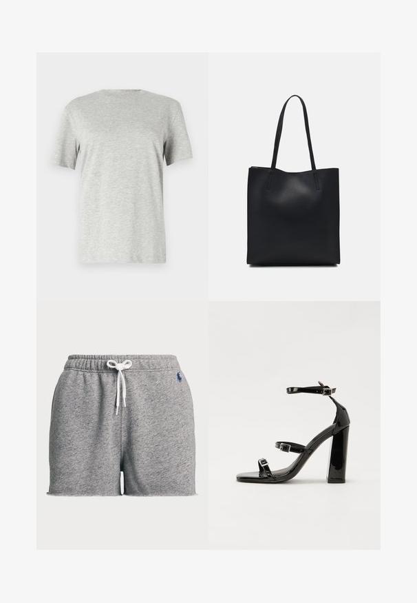 Grå, kortermet t-skjorte laget av myk, strukturert stoff; har en klassisk rund hals og en avslappet passform uten mønstre eller logoer.; Grå bomullsblandingsshorts med elastisk linning, hvit snor og en liten blå logo foran. Har en frynset kant.; Svart høyglans sandaler med hæl, firkantet tå, ankelremmer og sølvspenner. Har en kraftig blokkhæl for stabilitet.; Svart lær tote bag med glatt tekstur, rektangulær form og to lange håndtak. Ingen synlige deler eller dekorasjoner.
