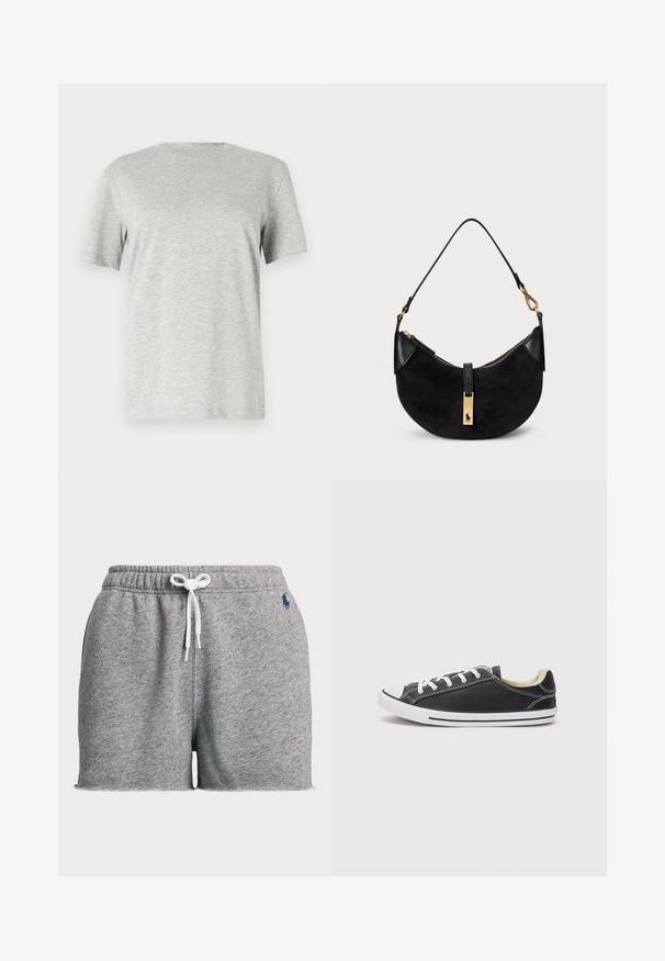 T-shirt gris à manches courtes en tissu doux et texturé ; il présente un col rond classique et une coupe décontractée, sans motifs ni logos.; Shorts gris en mélange de coton avec une taille élastique, un cordon blanc et un petit logo bleu à l'avant. Comprend un ourlet effiloché.; Converse CHUCK TAYLOR ALL STAR DAINTY LUCKY - Baskets basses - black/white; Sac à main noir de forme courbée, en daim et en cuir, avec une fermeture éclair dorée et un détail de logo. Comprend une poignée courte.