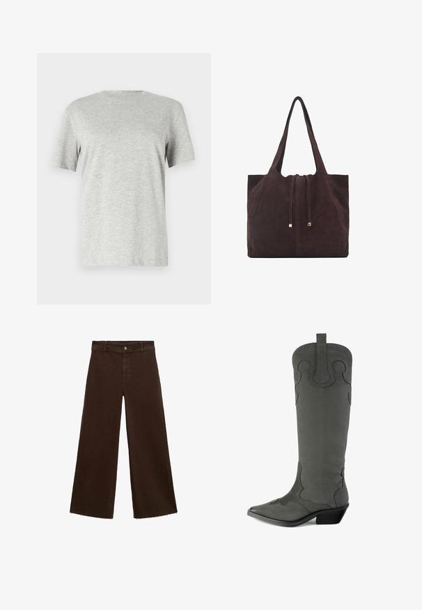 Tricou gri, cu mânecă scurtă, realizat dintr-un material moale și texturat; are un gât rotund clasic și o croială lejeră, fără modele sau logo-uri.; Pantaloni largi maro dintr-un amestec de bumbac, cu un tiv desfăcut, închidere cu buton frontal și un design clasic cu cinci buzunare. Minimalist și versatil.; Botă western din suede gri, cu un picior înalt, vârf ascuțit, cusături decorative și toc jos, stivuit. Are un cârlig de prindere în vârf.; Mango Geantă de pânză - dark brown