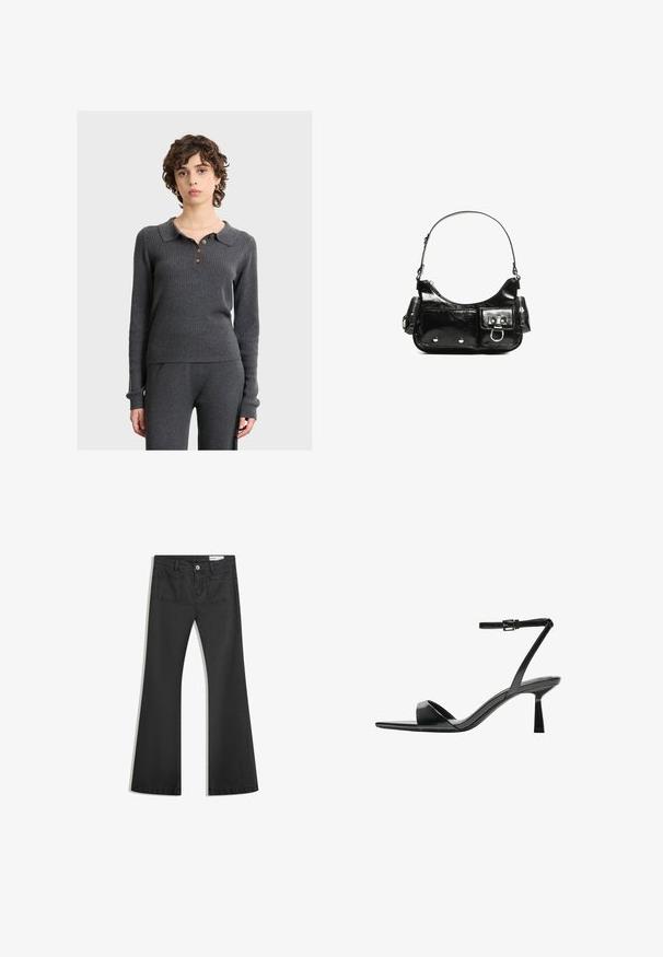 Grauer, gerippter Pullover mit Kragen, drei braunen Knöpfen und langen Ärmeln, der eine figurbetonte Silhouette und eine weiche Textur aufweist.; Schwarze Schlagjeans aus Denim mit glatter Textur, ausgestattet mit zwei Gesäßtaschen und einem Knopfverschluss an der Taille.; Bershka High Heel Sandalette - black; Schwarze Lackleder-Handtasche mit geschwungenem Design, einem Schulterriemen, Vordertaschen und silberfarbenen Hardware-Akzenten.