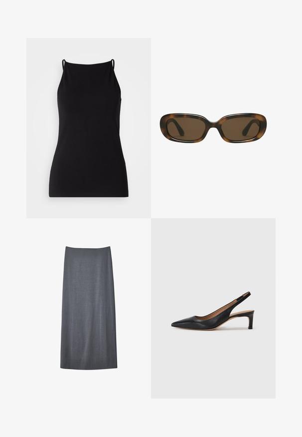 Black camisole with thin straps, made from soft fabric. Features a rounded neckline and a fitted silhouette, without any patterns or embellishments.; Gray straight skirt made of a textured fabric, featuring a mid-length design with a clean, simple silhouette and no visible fastenings.; Black leather slingback pump with a pointed toe, low heel, and a smooth texture. Features a thin adjustable strap for a secure fit.; Tortoiseshell sunglasses with a smooth, rounded rectangular frame and brown lenses. Features thin, curved arms with a glossy finish.