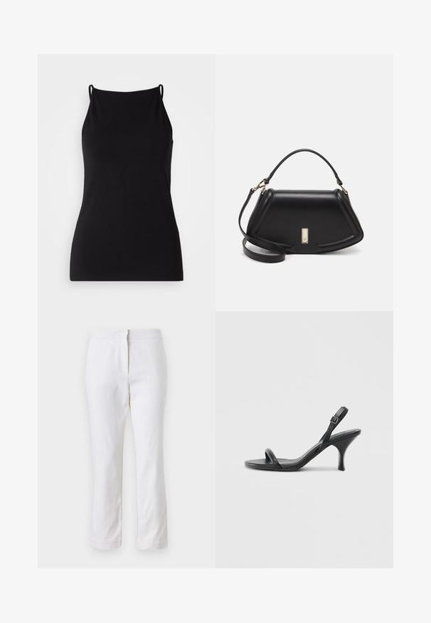 Camisola nera con spalline sottili, realizzata in tessuto morbido. Presenta un collo arrotondato e una silhouette aderente, senza alcun motivo o decorazione.; Pantaloni bianchi in cotone con design a gamba dritta, caratterizzati da una vita a media altezza e senza hardware o motivi visibili. Tessuto liscio su tutta la superficie.; Sandali con tacco alto in pelle nera, con tacco sottile e curvo e design a fascia incrociata. Cinghia alla caviglia regolabile. Texture liscia.; Borsa a mano in pelle nera con un design strutturato, caratterizzata da una forma corta, manico superiore e accessori in metallo dorato. Inclusa tracolla regolabile.