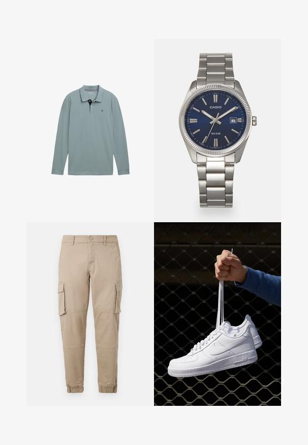 Polo majica dugih rukava svijetloplave boje s kontrastnim mornarsko plavim ovratnikom. Pamuk, s malim logotipom na lijevoj strani prsa. Klasičan kroj.; Bež cargo hlače od laganog pamuka. Imaju elastične manžete, više bočnih džepova i kopčanje na dugme.; Bijele kožne tenisice s perforacijama, okruglim vrhom, ravnim potplatom i debelim vezicama, s vidljivim swoosh logom i natpisom "AIR" na peti.; Srebrni sat od nehrđajućeg čelika s tamnoplavim brojčanikom, metalnim oznakama sati i prozorom za datum na 3 sata. Vodootporan do 50 metara.