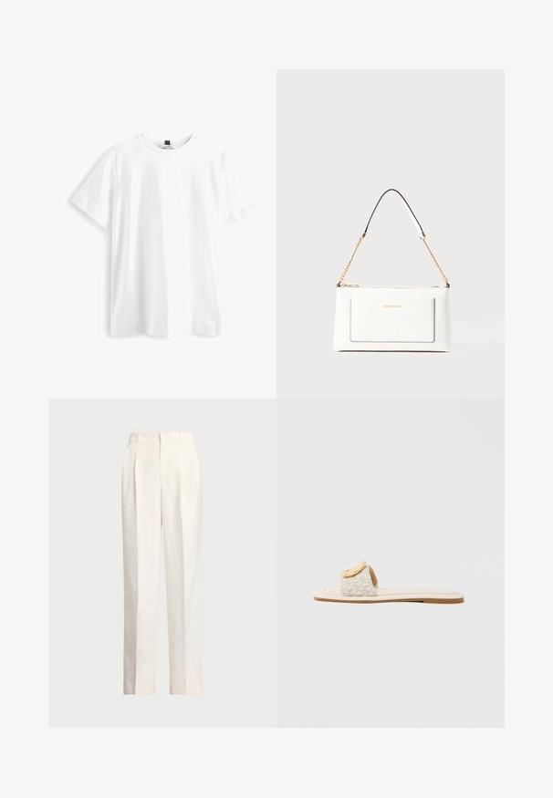 Valkoinen lyhythihainen T-paita, joka on valmistettu puuvillasta. Siinä on pyöreä kaula-aukko, suora helma ja pehmeä, sileä tekstuuri. Ei kuvioita tai grafiikkaa.; Polo Ralph Lauren HEMP WIDE LEG PANT - Housut - nevis; Liukusandaali, jossa on beige hihna geometrisella kuviolla, pyöreä keltainen korostus päällisosassa ja litteä vaalea pohja.; Valkoinen nahkalaukku tekstuuripinnalla, jossa on kultaketjuolkaimet ja mustia yksityiskohtia. Mukana etutasku ja vetoketjusulku.