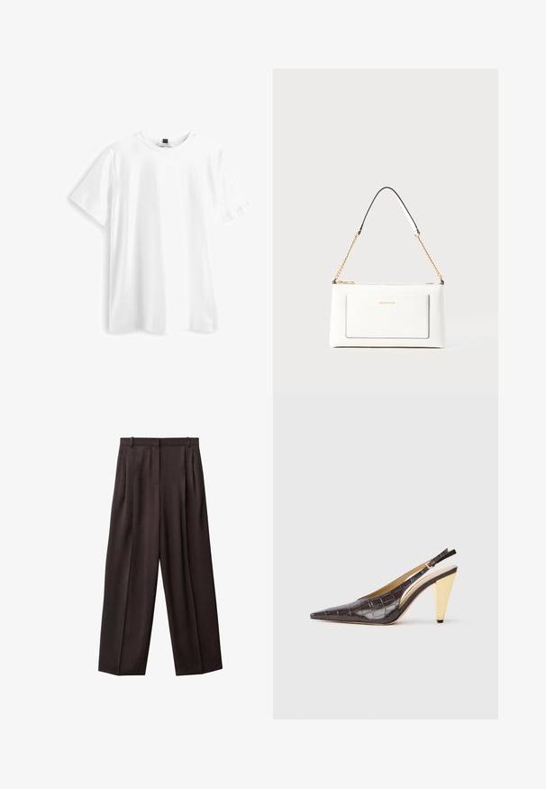 Bílá krátkosrstá trička vyrobená z bavlny, s kulatým výstřihem, rovním lemem a jemnou, hladkou texturou. Bez vzorů či grafik.; Široké kalhoty z tmavě hnědé tkaniny. Mezi vlastnostmi naleznete záhyby v přední části, pas se sponami na opasek a boční kapsy. Hladká textura.; Slinbková podpatková obuv s špičatou špičkou v tmavě hnědé lesklé umělé krokodýlí kůži. Obsahuje zlatý geometrický podpatek a nastavitelný páskový pásek kolem kotníku.; Bílá kožená kabelka s texturovaným povrchem, zdobená zlatým řetízkem a černými akcenty. Obsahuje přední kapsu a uzavírání na zip.