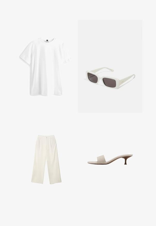 Biała koszulka z krótkim rękawem wykonana z bawełny, z okrągłym dekoltem, prostym dołem i miękką, gładką teksturą. Bez wzorów ani grafik.; Spodnie z szerokimi nogawkami w kremowej tkaninie o gładkiej fakturze, z pojedynczym guzikiem z przodu, subtelnymi plisami i wysokim stanem.; Sandały bez obcasa z beżową tkaniną wplecioną w górnej części, otwartym przodzie i wygiętą drewnianą podeszwą. Projekt cechuje się gładką teksturą i minimalistycznym kształtem.; VOGUE Eyewear - Okulary przeciwsłoneczne; Woven straw basket bag with brown leather accents, two handles, and a detachable strap. Curved shape with a sturdy base.