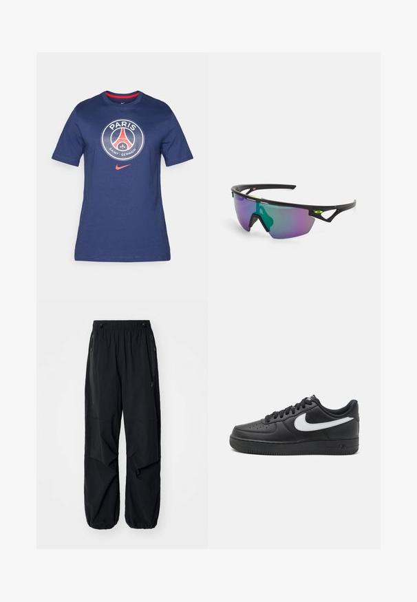 Tumed sinine puuvillane T-särk, millel on ringikujuline logo, millel on tekst "PARIS", Paris Saint-Germaini embleem ja punased aktsendid, koos ümmarguse kaelusega disainiga.; Mustad mustad cargo püksid elastse vöökoha, külgzippide ja avarate taskutega. Omab laia lõiget ja kitsenevaid sääreotsasid.; Mustad mustad Nike Air Force 1 tossud, millel on siledast nahast ülemine osa, valge logoga aktsent, aukudega varvas ja tekstuuriga kummitald.; Spordiprillid musta raami, suur gradient objektiiv, mis sisaldab lillat ja rohelist tooni, ning nurkadega disainielemendid logode detailidega.