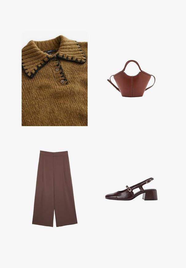 Brauner Strickpullover mit geripptem Kragen in Schwarz und Knopfverschluss, der einen strukturierten Stoff und eine praktische Gestaltung zeigt.; Braune Weite-Leg-Hosen mit einer glatten Textur, hoher Taille und Vorderfalten. Der Stoff ist leicht und fällt locker.; Braune Leder Slingback-Pumps mit quadratischer Spitze, ausgeschnittenen Seiten und Blockabsatz. Mit einer Schnalle am Knöchelriemen.; Braune Ledertasche mit konischer Form, robusten Trägern und kontrastierenden weißen Nähten. Verfügt über einen abnehmbaren Schultergurt für Vielseitigkeit.