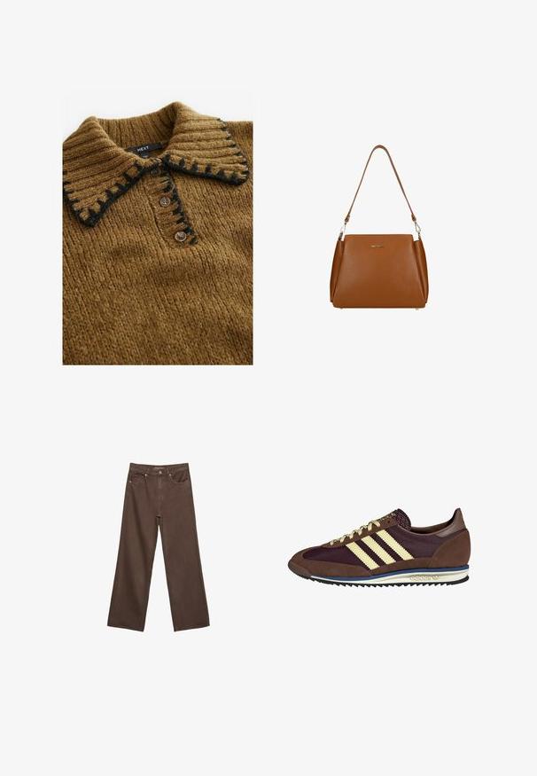 Brązowy sweter dzianinowy z wywijanym kołnierzem z czarnymi akcentami i zapięciem na guziki, prezentujący teksturowany materiał i praktyczny design.; Szerokie brązowe dżinsy wykonane z denimu, z wysokim stanem, przednimi kieszeniami i klasycznym zapięciem na guzik. Gładka faktura z subtelnym przeszyciem.; Brązowe i burgundowe sneakersy wykonane z zamszu i siateczkowych materiałów, z trzema kremowymi paskami, teksturowanym materiałem na języku i gumową podeszwą.; Brązowa skórzana torebka z teksturowaną powierzchnią, z pojedynczym paskiem na ramię i subtelnym logo z przodu. Charakteryzuje się usztywnioną konstrukcją.