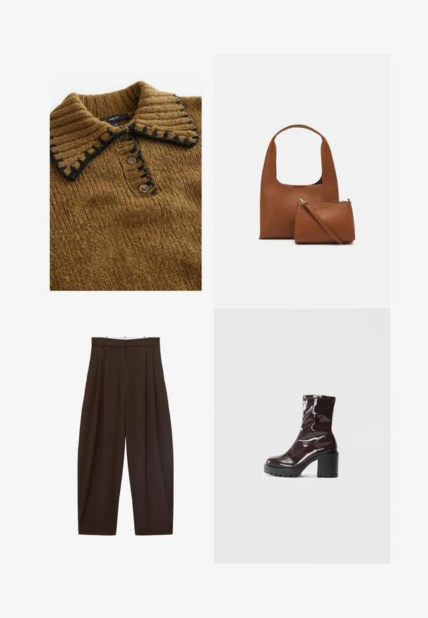 Rjav pleten pulover z rebrastim ovratnikom in črnimi detajli ter z gumbom za zapiranje, ki prikazuje teksturirano tkanino in praktično zasnovo.; Rjave hlače visoke pasu s pregibi, narejene iz gladkega materiala. Ohlapen kroj, ravne nogavice, z zankami za pas in zadrgo.; Sijajan škrlatank z bleščečim videzom, z masivnim črnim peto, ki se ponaša z gladko teksturo in preprostim dizajnom. Brez vidnih zapenjal ali vzorcev.; Rjava sintetična torbica z ukrivljenim ročajem in gladko teksturo. Vključuje ujemajočo se majhno torbico z zadrgo. Minimalističen dizajn.