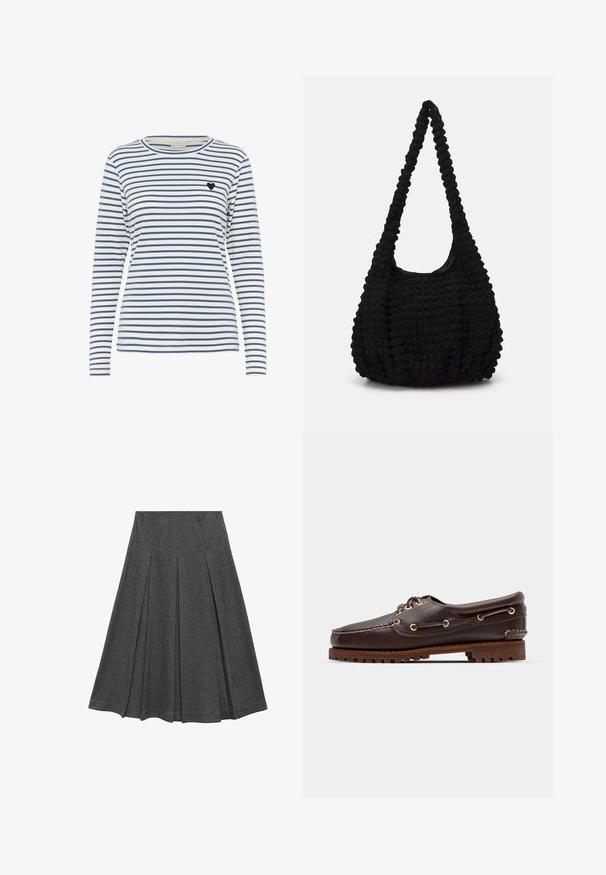 Halenka s dlouhým rukávem, pruhovaná v bílé a námořnické, s kulatým výstřihem a malým černým srdíčkem na levé hrudi. Měkká textilie.; Šedá plisovaná sukně s rozšířeným tvarem, vyrobená z měkké látky. Disponuje vertikálními plisováními a hladkým pasem pro přiléhavý vzhled.; Hnědé kožené lodní boty se zlatými očky, kulatými tkaničkami a texturovanou hnědou gumovou podrážkou. Obsahují zašitý detail a vyvýšené logo.; Černá texturovaná látková taška s jedním stočeným popruhem, s nadýchaným tvarem a nařaseným povrchem.
