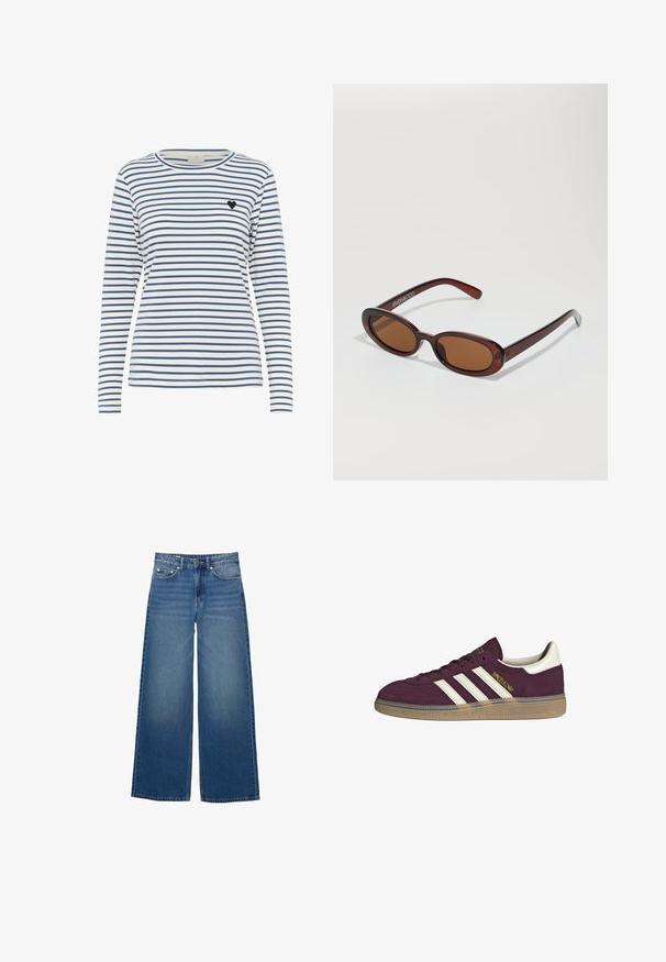 Dlhý rukáv pruhovaná košeľa v bielo-námorníckej modrej, s okrúhlym výstrihom a malou čiernou srdiečkovou aplikáciou na ľavej hrudi. Mäkká textúra látky.; Džínsy s širokými nohavicami vyrobené z denimu, so zvýšeným pásom, prešitými detailmi a jednoduchým dizajnom s jemným efektom vyblednutia.; Bordový semišový tenisk s bielymi tromi pruhmi a béžovými akcentmi. Má textúrovanú gumovú podrážku a zlaté logo na boku.; Okrúhle slnečné okuliare s hnedým nádychom a lesklým burgundským rámom. Úzke ramená s jemným brandovaním. Plochej šošovky dizajn.; Hnedá tkaná kožená kabelka s voľným, trojuholníkovým tvarom. Má opletenú rúčku a zips na vrchu.