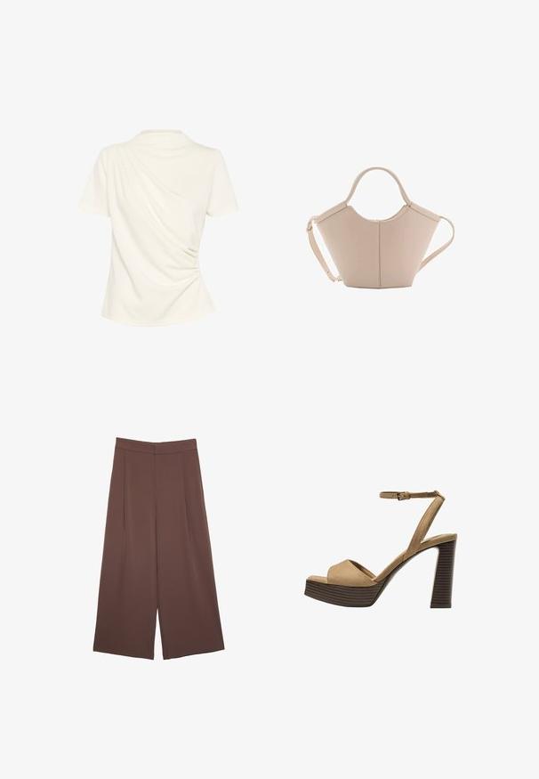 Top corto bianco a maniche corte con design drappeggiato e dettagli arricciati su un lato, dal tessuto liscio, ideale per un look casual.; Pantaloni ampi marroni con una texture liscia, caratterizzati da una vita alta e pieghe frontali. Il tessuto è leggero e scorre liberamente.; Sandali con tacco alto in suede beige, con una larga fascetta anteriore e una fascetta alla caviglia, dotati di un tacco blocco in legno spesso con una finitura testurizzata.; Borsa in pelle beige con una forma unica, caratterizzata da due manici corti e una lunga tracolla regolabile. Texture liscia con hardware minimale.