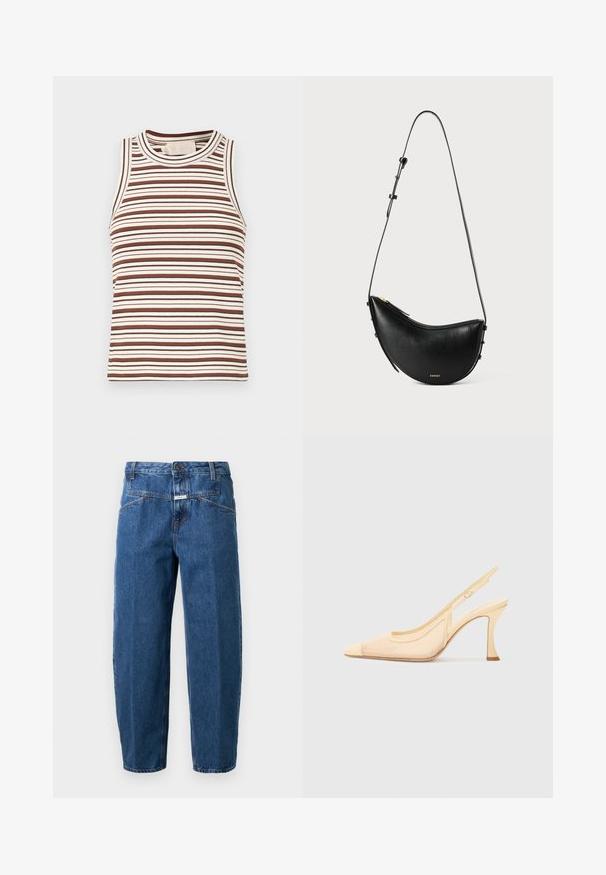 Valkoinen ja ruskea raidallinen toppi, jossa on ribbikuvio, pyöreä pääntie ja hihaton muotoilu. Tässä on vaihteleva raitaleveys ympäriinsä.; Tummansiniset farkut, joissa on rento malli, viisi taskua, ommellut saumat ja napitus vyötäröllä.; Korkokenkä, jossa on vaalea beige verkko, suippo kärki ja ohut, kaareva korko, jonka yksinkertainen solki korostaa minimalistista ilmettä.; Mustavälinen nahkalaukku, jossa on kaareva muoto ja yksi säädettävä olkahihna. Varustettu vetoketjukiinnityksellä ja minimimäärällä kultaisia yksityiskohtia.