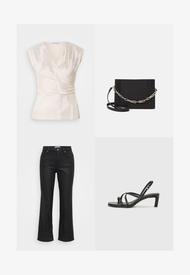 Kreemivärvi särk lühikeste varrukatega, millel on tekstuurne muster vertikaalsetest triipudest ja peene sära, korjatud vöökohalt.; Mustat, levenevät farkut, jotka on valmistettu denimistä. Niissä on edessä nappikiinnitys, viisi taskua sekä sileä, hieman kiiltävä pinta.; Mustat hihnalligat, joissa on neliön muotoinen kärki ja matala lohkokorko. Ominaisuuksiin kuuluu useita ohuita hihnoja ja säädettävä nilkkahihna. Valmistettu sileästä nahasta.; Musta nahkainen olkalaukku, jossa on sileä pinta, suorakulmainen muoto ja metalliketju yksityiskohtana edessä. Mukana säädettävä hihna.