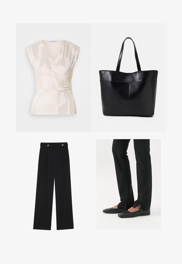 Cream-colored wrap top with short sleeves, featuring a textured pattern of vertical stripes and subtle shimmer, gathered at the waist.; Black wide-leg trousers with high waist, button details on waistband, and front pleats.; Black leather ballet flats with a pointed toe, strap with silver buckle, paired with black tailored pants featuring a slit hem.; Black leather tote bag with two long handles, a smooth texture, and a structured shape. Features a front pocket for additional storage.