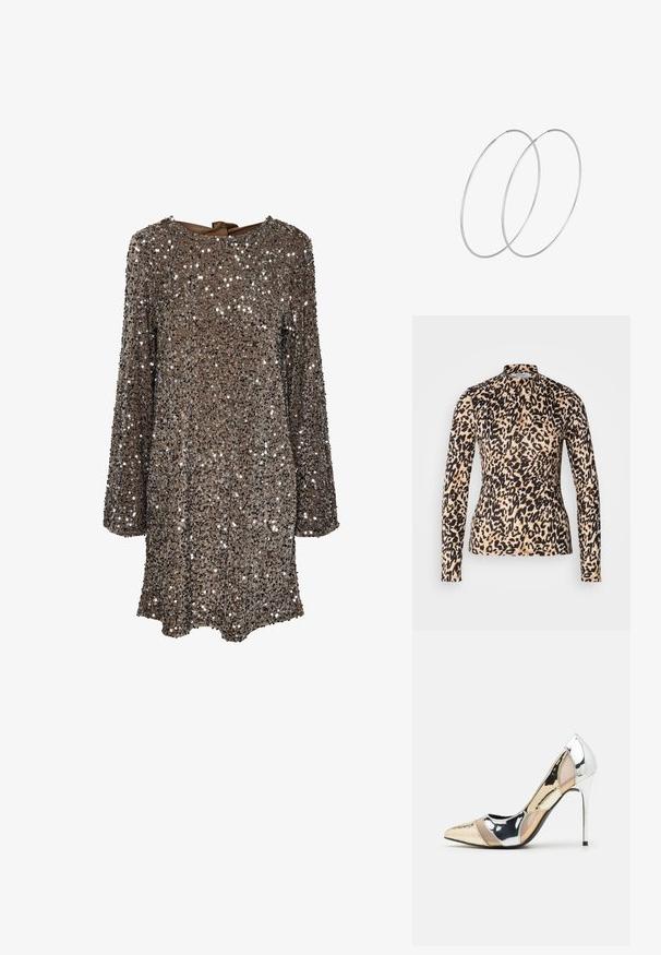Top de manga larga con estampado de leopardo en tonos marrón y negro, con cuello alto y diseño ajustado, de textura suave.; Vestido de manga larga con tela marrón cubierta de lentejuelas plateadas, con un escote redondo y un detalle de lazo en la parte posterior. Superficie reflectante y texturizada.; Zapato de tacón alto con punta afilada en una combinación de colores plateado, dorado y nude. Acabado brillante con diseño recortado, que presenta un tacón de aguja.; Bolsa de pouch metálica plateada con una forma suave y redondeada y un cierre en la parte superior con un nudo. Hecha de un material de imitación de cuero suave.; Pendientes de aro plateados con un diseño minimalista. Forma circular, textura suave y perfil delgado. Livianos con un acabado pulido.