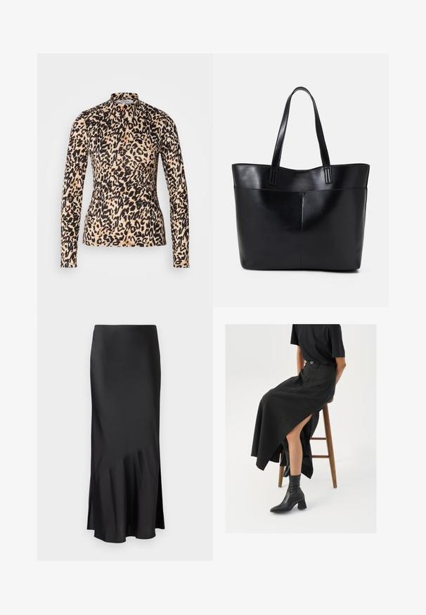 Top de manga larga con estampado de leopardo en tonos marrón y negro, con cuello alto y diseño ajustado, de textura suave.; Falda midi de satén negro con un diseño elegante, que presenta un ligero vuelo en el dobladillo y una abertura lateral para facilitar el movimiento. Textura suave.; Falda maxi de lino negra con una abertura alta, combinada con una camiseta negra y botines negros. Diseño minimalista con un ajuste relajado.; Bolso tote de cuero negro con dos asas largas, textura suave y forma estructurada. Cuenta con un bolsillo frontal para almacenamiento adicional.