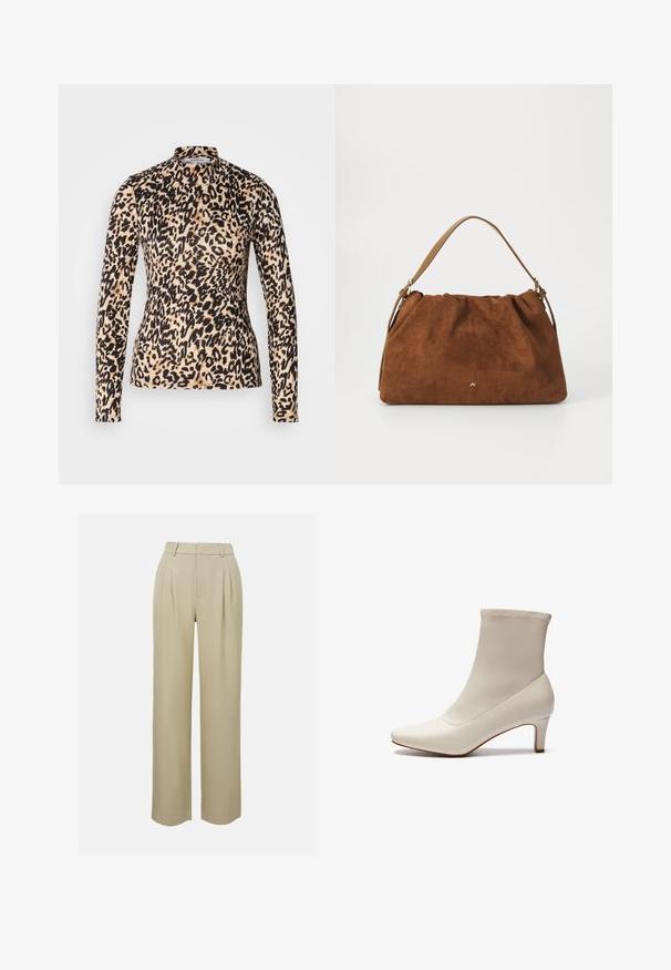 Leopard-print long-sleeve top in tan and black, featuring a mock neck and fitted design with a smooth texture.; Beige wide-leg trousers made of smooth fabric, featuring front pleats, a tailored waistband, and side pockets. Clean hem finish.; White ankle boot made of smooth leather with a pointed toe and a short, tapered heel. Features a minimalist design and seamless upper.; Brown suede handbag with a gathered design, featuring a single tan leather strap and a subtle gold logo detail on the front.; Gold hoop earrings with a textured, irregular shape. Features a seamless closure and a polished surface finish, emphasizing a modern design.
