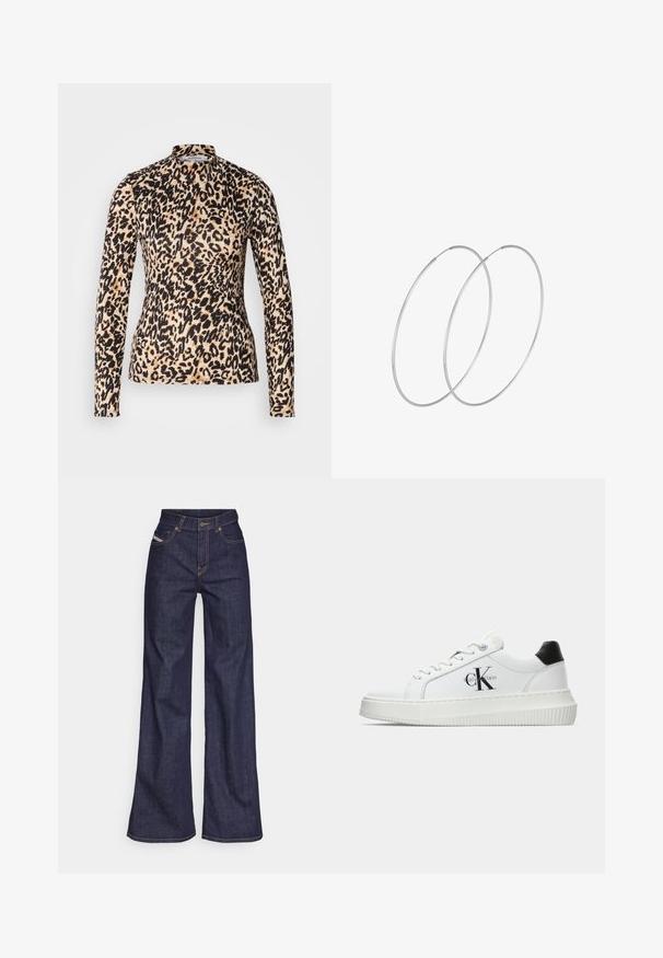 T-shirt z długim rękawem w cętki z lamparta w odcieniach brązu i czerni, z wysokim kołnierzem i dopasowanym krojem, o gładkiej fakturze.; Ciemnoniebieskie dżinsy szerokie w nogawkach wykonane z denimu, z wysokim stanem, z pomarańczowymi przeszyciami, pięcioma kieszeniami i zapięciem na guzik.; Białe sneakersy typu low-top z czarnym paskiem na pięcie, platformą, sznurowadłami i logo "CK" marki Calvin Klein na boku.; Srebrne kolczyki w formie obręczy o minimalistycznym designie. Okrągły kształt, gładka faktura i cienki profil. Lekkie, z polerowanym wykończeniem.
