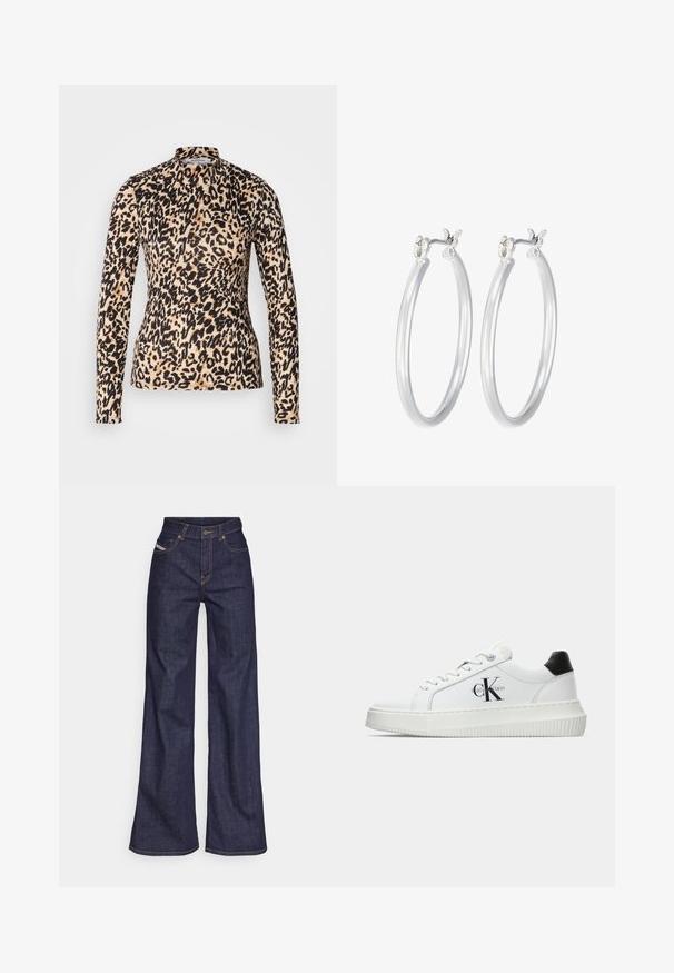 Langärmliges Oberteil mit Leopardenmuster in Tan und Schwarz, mit einem Stehkragen und figurbetontem Design sowie einer glatten Textur.; Dunkelblaue weite Jeans aus Denimstoff mit hoher Taille, ausgestattet mit orangefarbenen Nähten, fünf Taschen und einem Knopfverschluss.; Weiße Low-Top-Sneaker mit schwarzem Fersenpatch, Plateau-Sohle, Schnürsenkeln und Calvin Klein "CK"-Logo an der Seite.; Silberne Creolen mit einer glatten, polierten Oberfläche. Runder Form und sicherem Klickverschluss. Leichtes Design, geeignet für den täglichen Gebrauch.