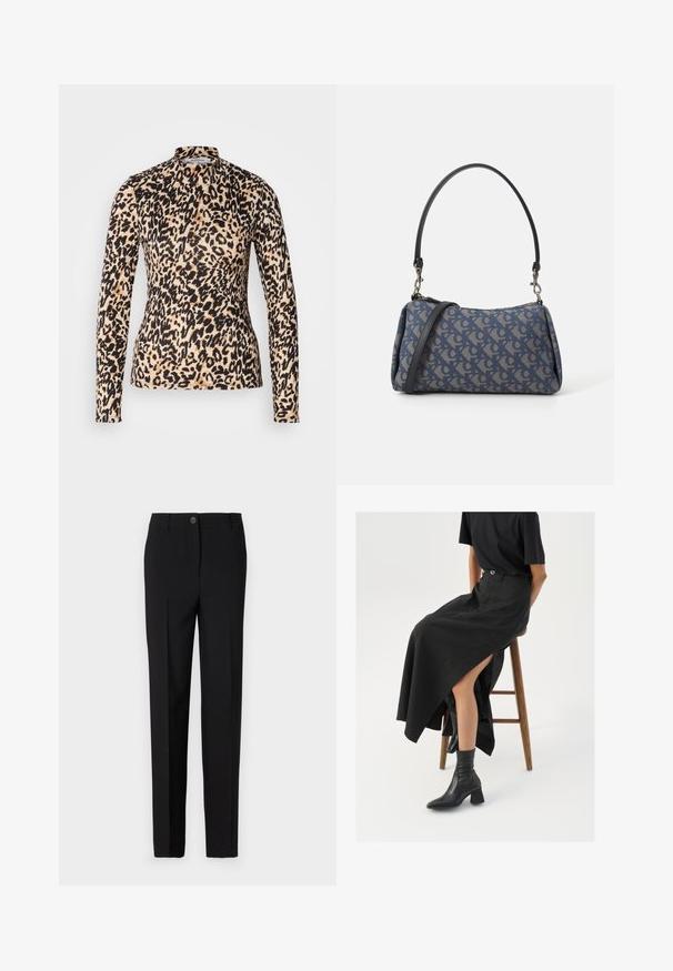 Top de manga larga con estampado de leopardo en tonos marrón y negro, con cuello alto y diseño ajustado, de textura suave.; Pantalones negros ajustados con un diseño de pierna recta, con cierre de botón y trabillas para cinturón, fabricados con tela suave.; Falda maxi de lino negra con una abertura alta, combinada con una camiseta negra y botines negros. Diseño minimalista con un ajuste relajado.; Bolso de mano de tela con un patrón azul, que presenta una forma curva, una correa de cuero negra y un diseño de logo en un tono más claro.
