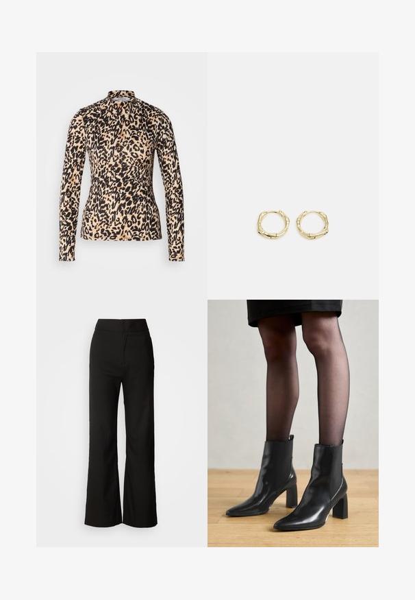 Leopard-print long-sleeve top in tan and black, featuring a mock neck and fitted design with a smooth texture.; Black wide-leg trousers with a smooth texture, high waist, and a clean design. No visible pockets or embellishments.; Black leather ankle boots with a pointed toe, chunky square heel, and sleek design. Features elastic side panels for easy wear.; Gold hoop earrings with a textured, irregular shape. Features a seamless closure and a polished surface finish, emphasizing a modern design.