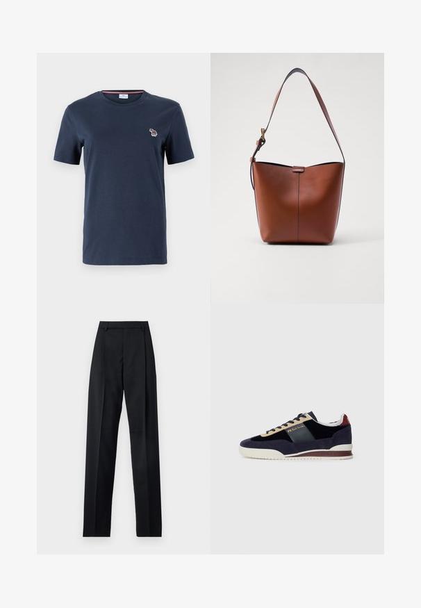 PS Paul Smith WOMENS ZEBRA - Basic T-shirt - blue; Black trousers made from smooth fabric featuring a high waist, wide legs, front pleats, and classic belt loops. No side pockets visible.; Navy suede sneakers with beige and dark blue accents. Features a white rubber sole and gold branding on the side. Classic athletic design.; Brown leather shoulder bag with a curved shape, smooth texture, and a single thin strap. Features a subtle seam and a small logo detail.