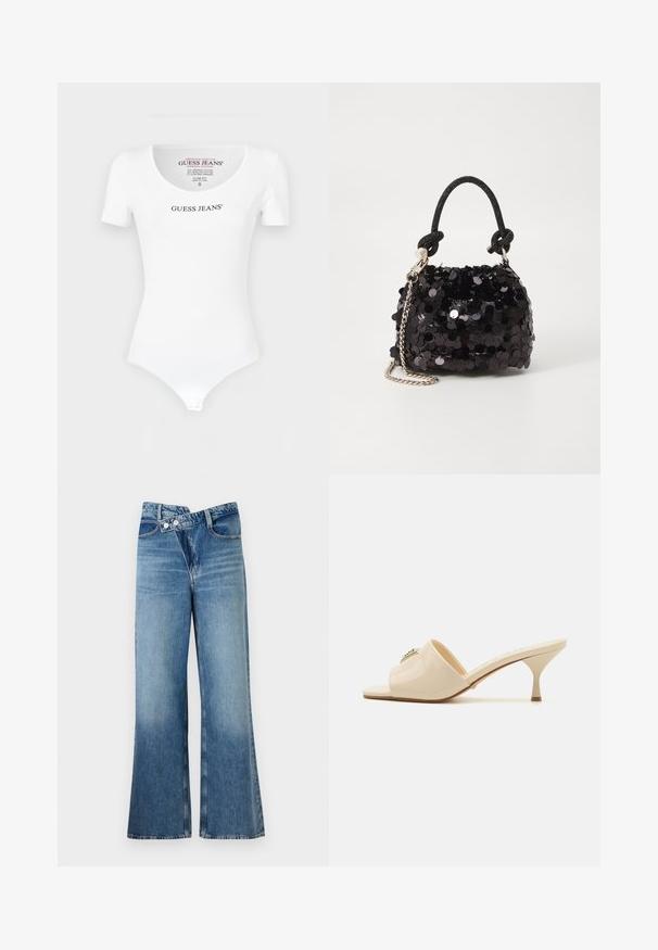 Baltas prigludęs bodis, pagamintas iš medvilnės, su apvalia iškirpte ir trumpomis rankovėmis. Apatinėje dalyje yra diskretiškas snapelių užsegimas.; Šviesiai mėlynos džinsinės kelnes platėjančios apačios, aukštu liemeniu, su dviem saga ir priekinių kišenių detalėmis. Medžiaga turi išblukusį tekstūrą su subtiliais skirtumais.; Smėlio spalvos patentuotas odinis atviras mules tipo sandalai su žemu stiletto kulnu. Zentralinis dekoratyvinis akcentas priekyje. Lygi, blizgi apdaila.; Juodas blizgučių mini rankinukas su mazguotu tekstūruotu dirželiu ir sidabro grandine. Suapvalinta forma su susiraukšlėtopu ir atspindinčiomis detalėmis.