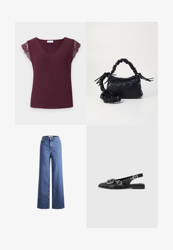 Top burgundy cu decolteu în V, cu mâneci scurte și dantelă la margine. Material lejer și neted, cu o croială lejeră și fără elemente metalice vizibile.; Jeans din denim de culoare albastră deschisă, cu croială largă și talie înaltă, prevăzuți cu două buzunare frontale și cusături vizibile. Au închidere cu nasture și fermoar.; Pantofii slingback din piele neagră, cu vârf ascuțit, două catarame argintii și toc mic pătrat. Prezintă un exterior texturat și spate deschis.; Geantă din faux leather neagră cu textură de crocodil, cu partea superioară strânsă și o curea mototolită. Pare moale și compactă ca design.