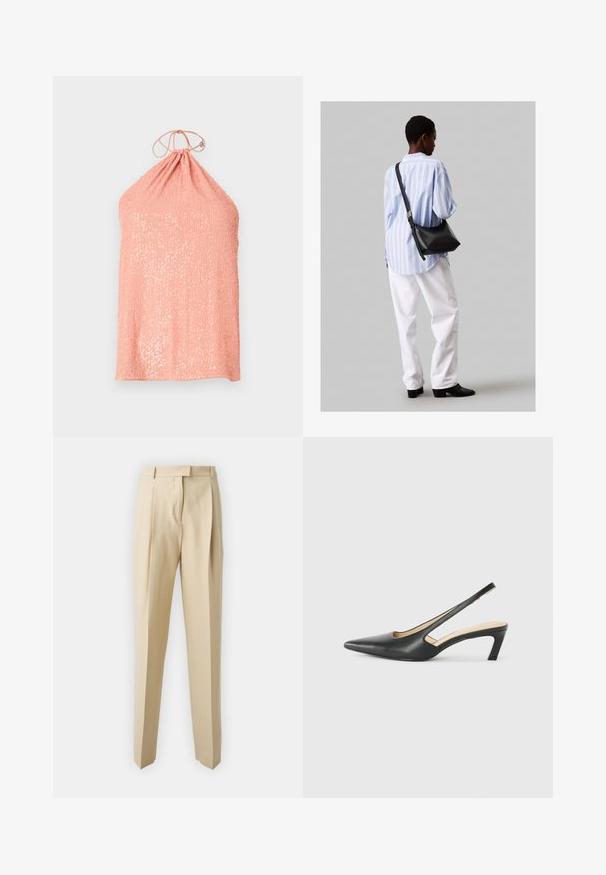 Pehme roosa halter top, mis on valmistatud tekstureeritud kangast ja kaunistatud sädelevate kividest, millel on volditud kaelaosa ja sidumisviidik taga.; Beez värvi jalatsid, sirgete lõigetega, kergelt kortsulistedetailide, vöökoha ja siledaga tekstuuriga. Ei ole nähtavaid taskuid ega kaunistusi.; Must mustaga, terav varvas, madala kontsaga sildiga king, mis on valmistatud siledast nahast ja mille küljel on lõike disain hingavuse tagamiseks.; Must have mustras alasi nahkpatsi, pehme tekstuuriga, kolmnurkse kujuga ja reguleeritava rihmaga, koos helesinise triibulise särgi ja valgete pükstega.