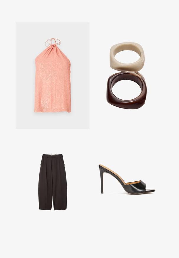 Top halter pesca realizzato in tessuto texturizzato con paillettes, caratterizzato da un collo arricciato e una chiusura con lacci sul retro.; Pantaloni neri a gamba larga realizzati in un tessuto morbido, con vita alta, pieghe frontali e tasche laterali. Design semplice senza decorazioni.; Mule con tacco aperto neri con finitura in pelle lucida, tacco a blocco affusolato e una striscia curva liscia che attraversa il dorso del piede.; Stradivarius SET - Bracciale - dark brown