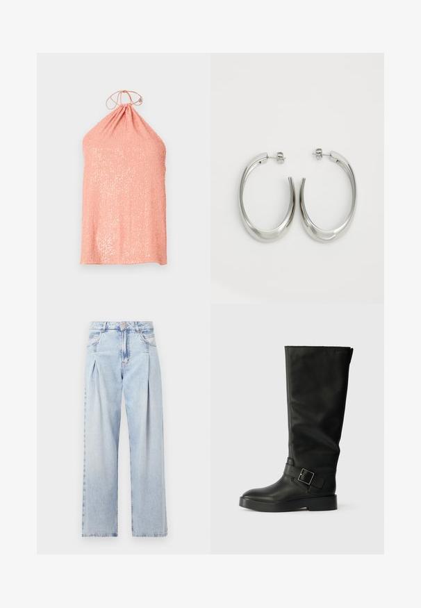 Top halter de piersici, realizat dintr-un material texturat cu sequinuri, având un decolteu strâns și un închizător legat la spate.; Jeans din denim albastru deschis cu talie înaltă, croială evazată, două buzunare laterale și un design pliat. Textură moale cu un finisaj decolorat.; Cizme negre până la genunchi, din piele netedă, cu vârf rotund, talpă groasă și o curea orizontală cu detaliu de cataramă rectangulară.; Cercei din argint, cu un design neted și curbat. Prezintă o finisare metalică strălucitoare și închidere cu stud. Fără modele sau accente vizibile.