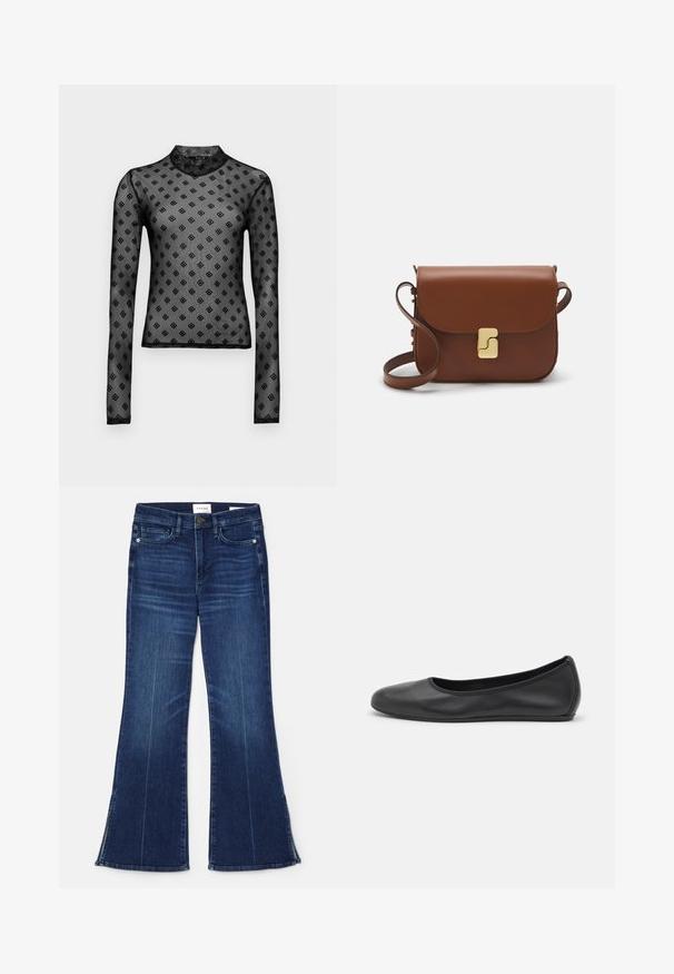 Ksubi SYMBOLS  - Pitkähihainen paita - black; Tummansiniset leveälahkeiset farkut, jotka on valmistettu denimmateriaalista. Ominaisuuksiin kuuluu korkea vyötärö, etupocketit ja halkiokohdat helman kohdalla. Klassinen viiden taskun muotoilu.; Musta nahkainen ballerina, jossa on pyöristetty kärki, sileä pinta, minimaalinen ommelkoristelu ja joustava pohjamuotoilu.; Ruskea nahkainen käsilaukku, jossa on läppäkiinnitys, kultasävyiset yksityiskohdat, olkahihna ja sileä pinta. Kompaktin suorakaiteen muotoinen.